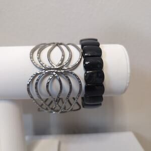 Silver Hammered Cuff And Stretch Stone Bracelet Set